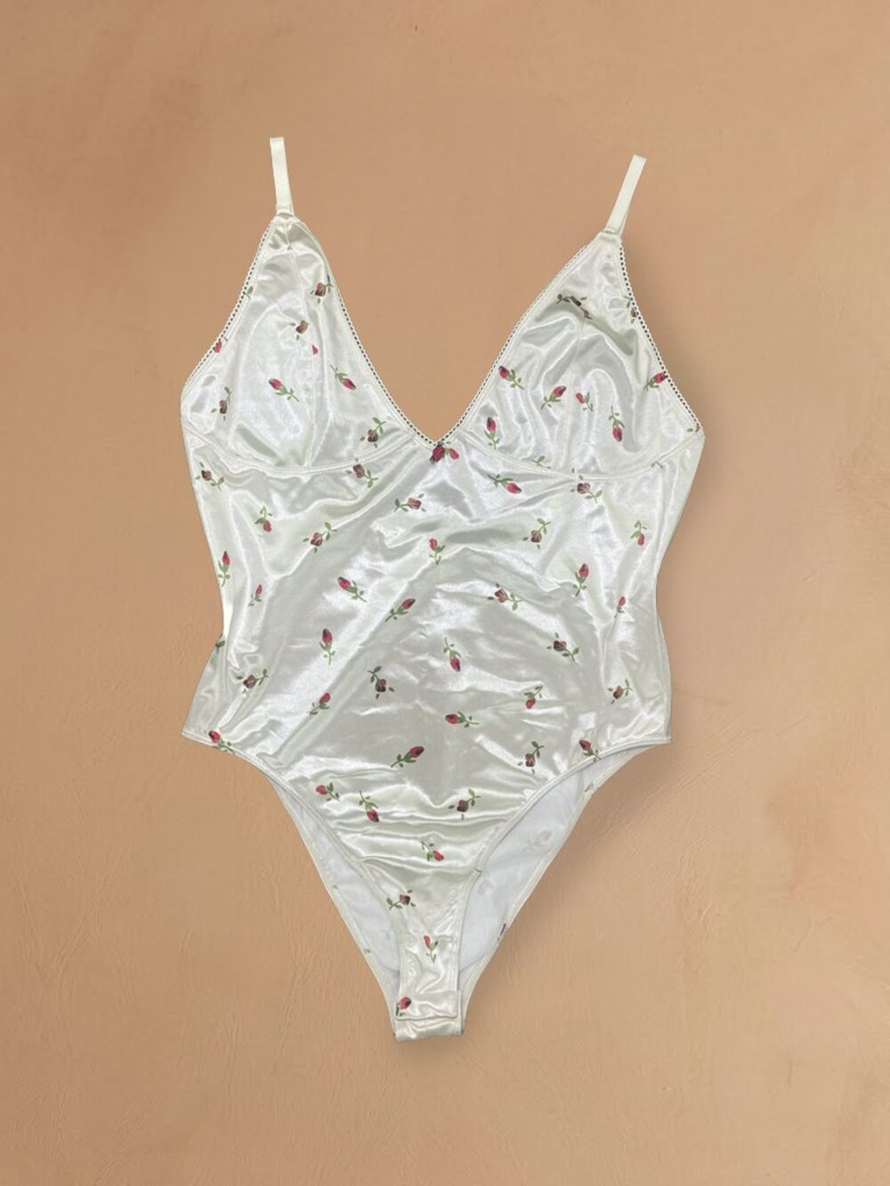Satin Rosebud Floral V Neck Bodysuit Romantic Coquette